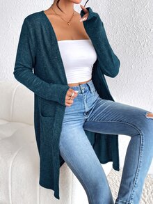SHEIN Essnce 雙口袋開襟外套（不含內搭背心），女款冬季休閒口袋常規袖寬鬆素色外套，日常休閒穿著 - 水鴨藍 - 查看 4