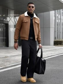 Manfinity CasualCool Jaket Pria Bahan Suede Imitasi, Kerah Bulu Domba Imitasi, Ujung dan Manset Bergaris, Kancing Depan, Kasual, untuk Perjalanan, Kantor, Pakaian Luar Musim Gugur/Dingin - Coklat - View 5