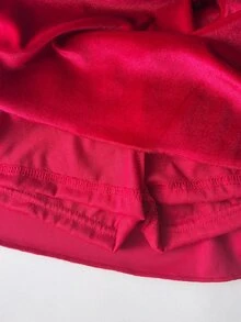 SHEIN 青少年女孩聖誕天鵝絨掛脖洋裝 奢華紅色A字裙 假日公主風百褶喇叭派對洋裝 附優雅珍珠珠飾飾邊 - 紅色 - 查看 6