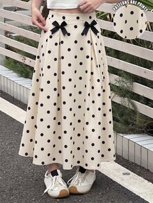 SHEIN 青少年女孩復古圓點蝴蝶結3D裝飾中長裙 - 彩色 - 查看 4