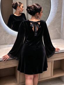 Cravure Women's Plus Size Autumn 1pc Back Bow Hollow Out Flared Sleeve Lace Cuff Loose A-Line Silhouette Mature Style Party Velvet Short Dress - Black - View 5