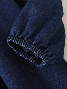 SHEIN Elladie kids 秋季女童牛仔洋裝 大荷葉領泡泡袖 藍色美人魚仙女牛仔女孩風 兒童7歲生日 母女套裝 - 深色水洗藍 - 查看 4