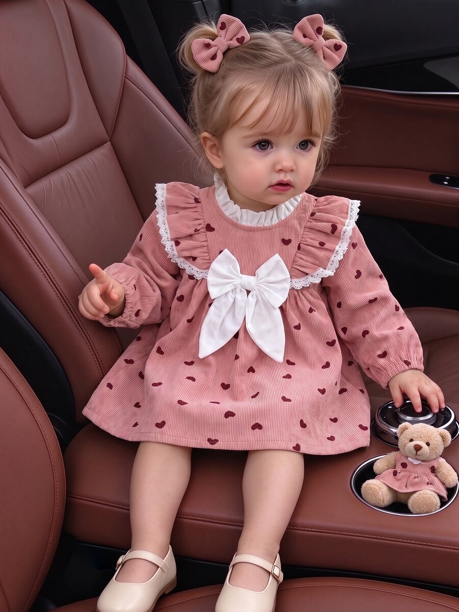 SHEIN Toddler Baby Girls A-Line Dress Sweet Pink Heart Print Bow Lace Ruffle Long Sleeve Ruffle Regular Birthday Party Summer Princess Holiday Corduroy - Pink - View 1