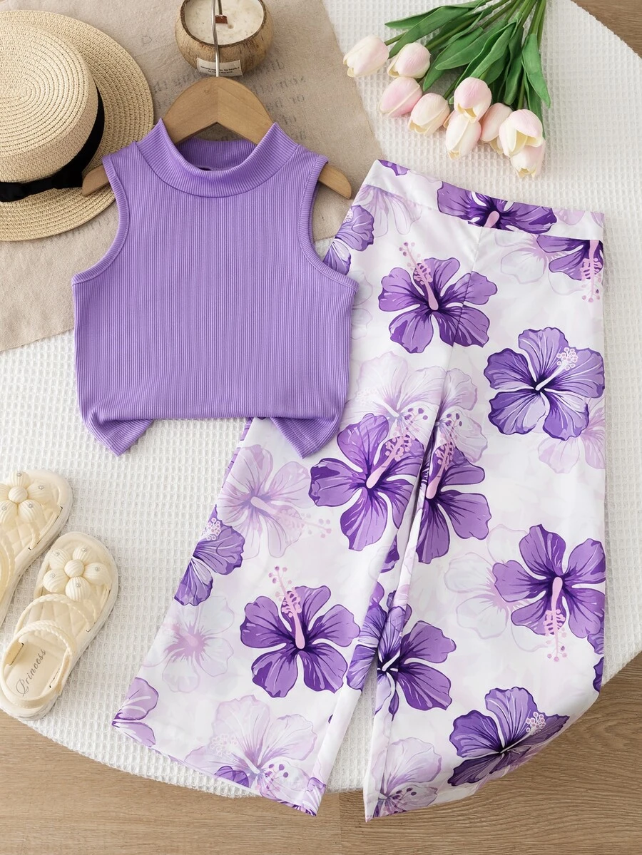 SHEIN Genkimix Kids 少女 2 件套:紫色半高領無袖背心上衣與印花寬腿長褲,適合海灘度假、短途旅行與日常散步的休閒穿搭 - 紫色 - 查看 1