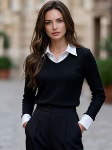 INAWLY Waffle Knit Colorblock 2 In 1 Top, Business Casual - Black - View 1