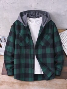 Vacaura 1件男童格紋連帽夾克，休閒日常穿著，適合秋冬 - 彩色 - 查看 4