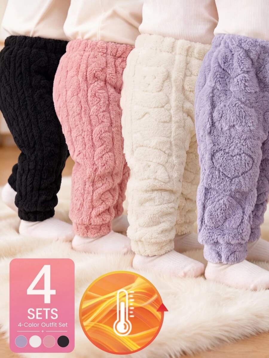 SHEIN 4套幼兒女童上衣與抓絨長褲，可愛甜美粉色紫色奶油色，愛心麻花紋理加厚冬季派對公主風寬鬆毛茸茸絨毛套裝 - 彩色 - 查看 1