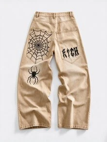ROMWE MEN Street Life 男士刺繡圖案寬鬆版牛仔褲 - 卡其色 - 查看 1