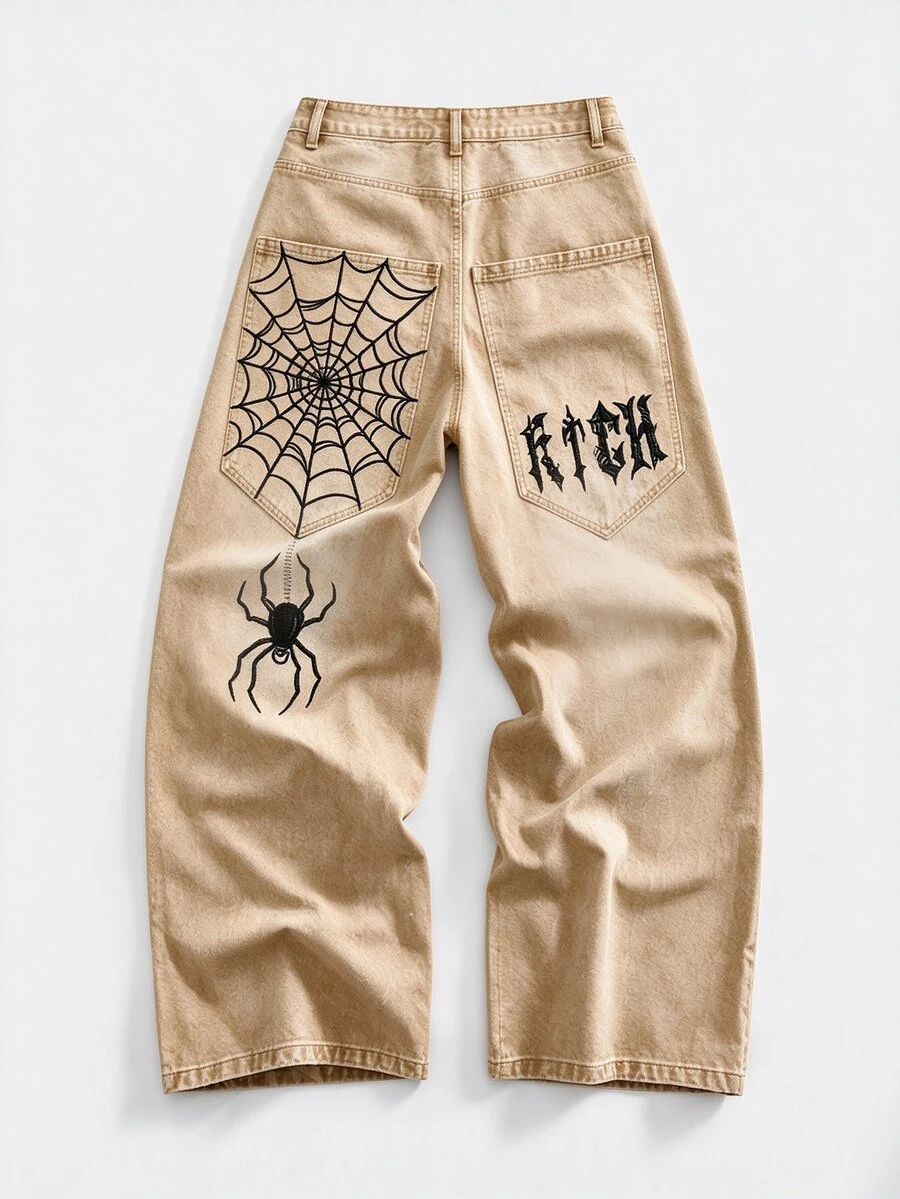 ROMWE MEN Street Life 男士刺繡圖案寬鬆版牛仔褲 - 卡其色 - 查看 1