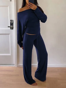 Cévolie Autumn Casual Solid Color Asymmetric Collar Top And Pants 2 Pieces Set - Navy Blue - View 4