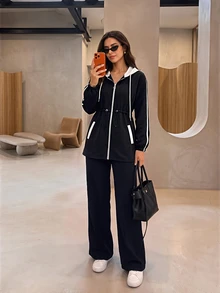 Modelyn 女款 2 件套 秋冬修身拉鍊連帽休閒長袖時尚夾克與休閒長褲 - 黑色 - 查看 7