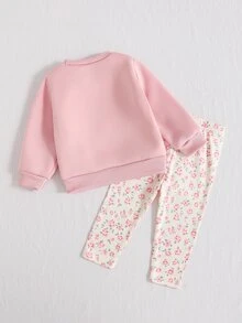 SHEIN 嬰兒幼兒休閒日常可愛運動衫套裝，附3D鉤編花朵、粉色花朵印花、清爽俏皮上衣、針織內搭褲，女嬰秋季服飾 - 淺粉色 - 查看 2