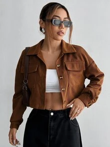 SHEIN PETITE 女款純色長袖單排扣休閒夾克 - 棕色 - 查看 6