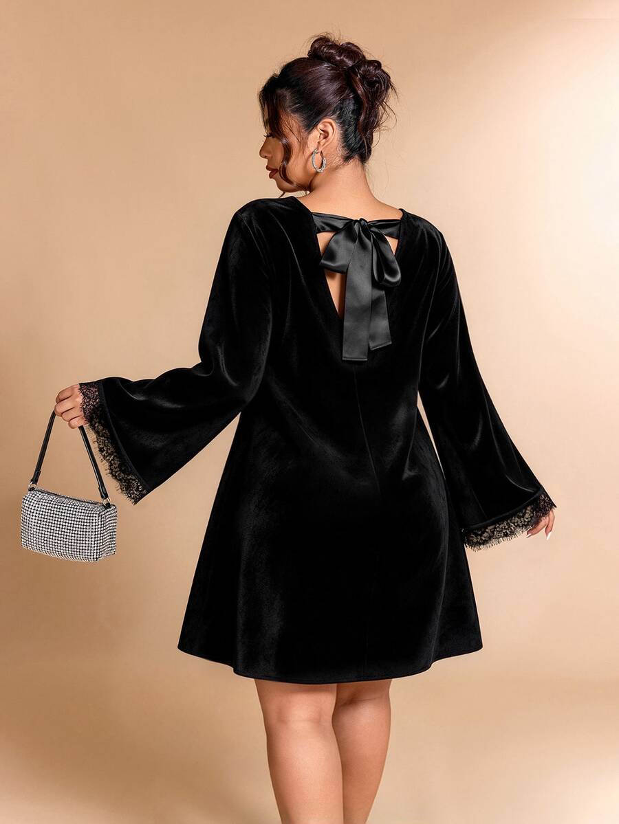 Cravure Women's Plus Size Autumn 1pc Back Bow Hollow Out Flared Sleeve Lace Cuff Loose A-Line Silhouette Mature Style Party Velvet Short Dress - Black - View 1