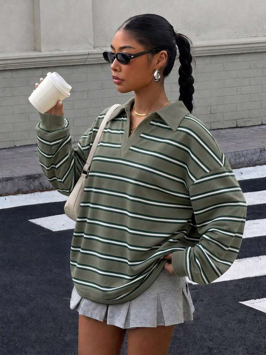 Muchica Women's Striped Casual Everyday Long Sleeve Sweatshirt - Army Green - View 1