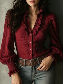 Breezaya Bodysuit Wanita Warna Polos untuk Pakaian Kasual Sehari-hari - Burgundy - View 1