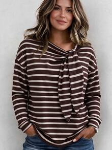 Weeklong 2026 New Round Neck Tie-Up Knit Loose Long Sleeve T-Shirt, Casual Fashion T-Shirt For Daily Wear And Afternoon Tea Fall - Multicolor - View 1