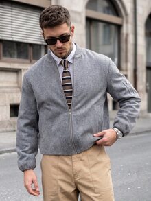Manfinity CasualCool Men's Gray Loose Fit Dropped Shoulder Metal Zipper Multi-Pocket Thickened Casual Versatile Wool Blend Jacket - Grey - View 5