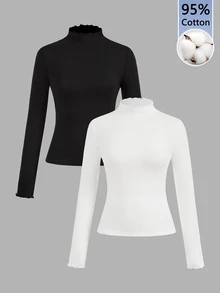 SHEIN EZwear 95%棉 2件組女款休閒修身長袖T恤，女款秋冬服飾，2000年代風格，Y2K，女款通勤穿搭，性感，鄉村風，時尚，基礎款，女款西式風格穿搭，度假穿搭，返校，感恩節，萬聖節，聖誕節，新年 - 黑與白 - 查看 9