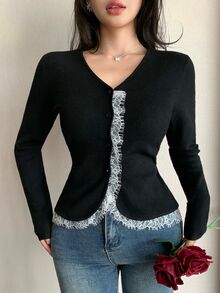 Modelyn Women's Lace Trim Button Front Long Sleeve Cardigan, Black, Autumn/Winter - Black - View 5