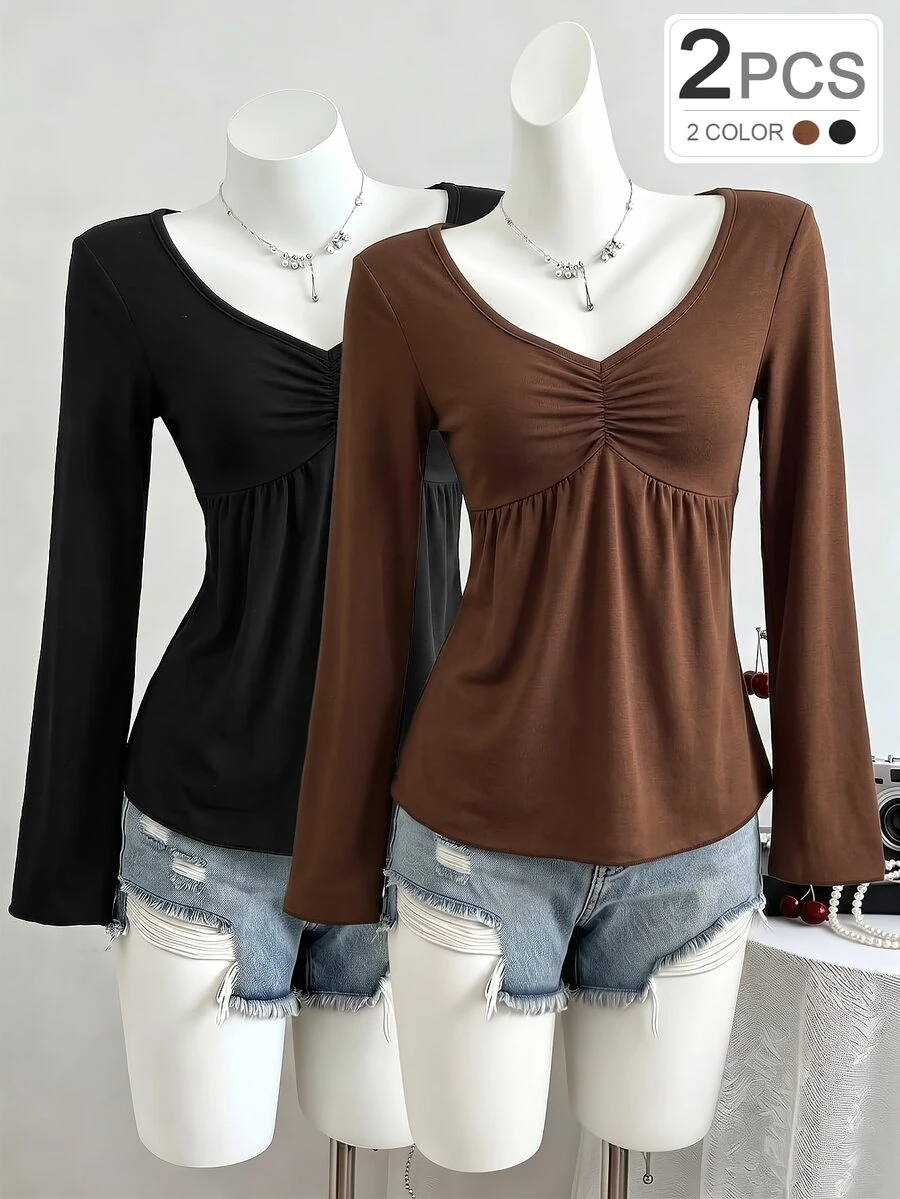 Tween Girls 2pcs Autumn Tops Black + Grey, Solid Color Bell Sleeve V-Neck Pleated Doll Blouse, Casual Versatile - Brown - View 1