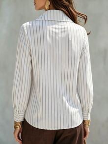 EMERY ROSE Plus Size New High Neck Long Sleeve Frog Button Decor Asymmetrical Hem Casual Daily Commute Striped Women's Blouse - Black and White - View 2
