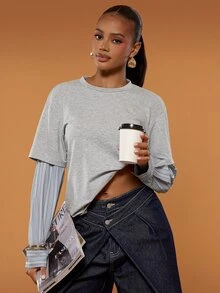 Hauture Women's 2 In 1 Striped Patchwork Long Sleeve T-Shirt, Loose Layered Layering Base Top - Light Grey - View 1
