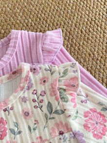 SHEIN 2 Sets Toddler Girl Top And Pants Sweet Pink Lavender Floral Ruffle Ribbed Long Sleeve Crew Neck Regular Holiday Party Spring - Purple - View 4