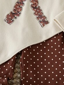 SHEIN Elladie kids 2件組女嬰甜美復古風波點蝴蝶結印花半高領2合1上衣，搭配米白色棕色波點喇叭褲 - 卡其色 - 查看 8