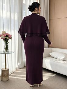 Modelyn Dark Red Pullover Top With Long Sleeve Fitted Dress, Elegant Fashionable Lady Style, Romantic Lace Patchwork, Versatile Plus Size 2 Pieces Set - Red Violet - View 2