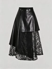 Sweetra Women's Spring/Summer Black Asymmetrical Cut-Out Lace Patchwork Blazer Dress, Slimming Mid-Length - Black - View 1