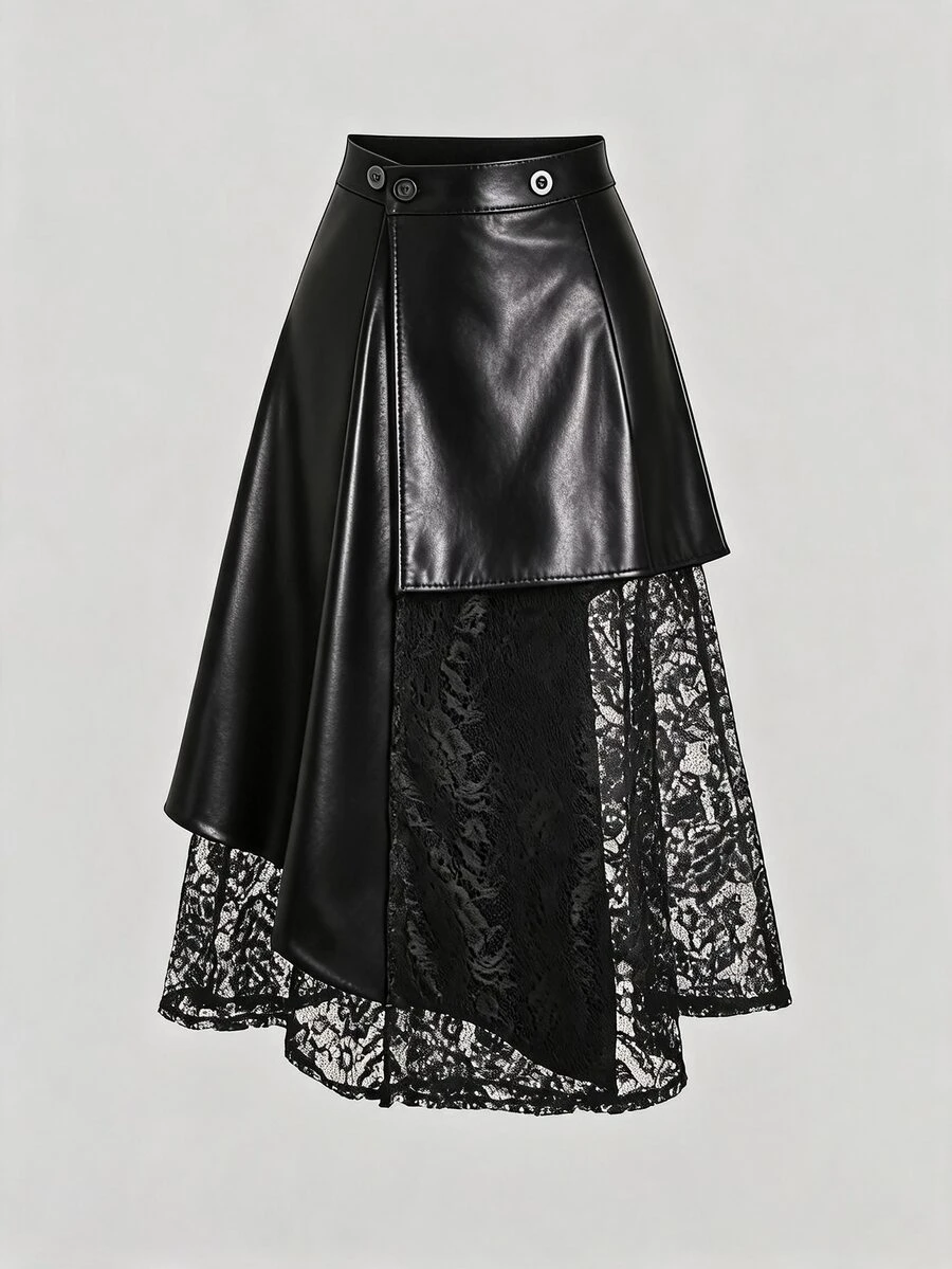 Sweetra Women's Spring/Summer Black Asymmetrical Cut-Out Lace Patchwork Blazer Dress, Slimming Mid-Length - Black - View 1