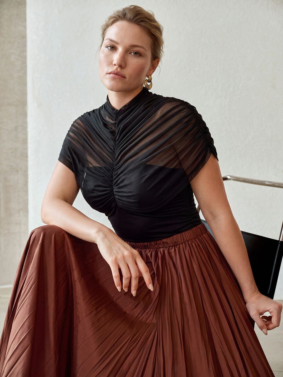 MOTF PREMIUM PLUS SIZE ELEGANT SHEER MESH PLEATED T-SHIRT - Black - View 1