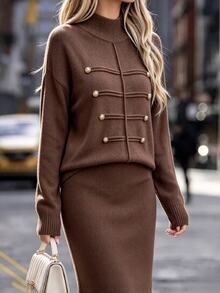 Cévolie Women's Solid Color Long Sleeve Top And Skirt Knit Set - Coffee Brown - View 8
