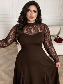 Modelyn Plus Size Women's Brown Knit Long Sleeve Lace Patchwork Cinched Waist A-Line Elegant Romantic Dress - Brown - View 6