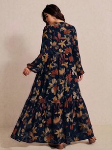 Elaquor Plus Size Floral Print Vacation Travel Dress - Navy Blue - View 2
