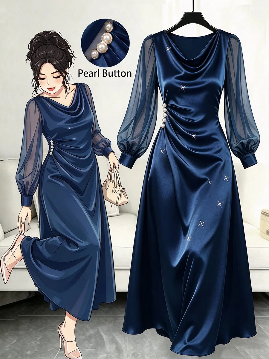 GlowEve CURVE Women's Solid Color Cowl Neck Pearl Button Decor Long Sleeve Elegant Dress Fall - Navy Blue - View 1