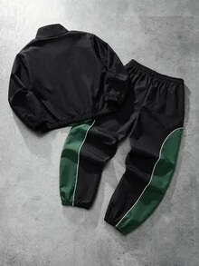 SHEIN 青少年男孩 2件套街頭風配色立領拉鍊防風夾克與對比滾邊抽繩寬腿慢跑褲休閒運動套裝 - 綠色 - 查看 2