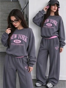SHEIN Casuvi Kids 青少年女孩字母抓絨內裡 2 件式運動衫與寬腿褲套裝，對比腰帶 2 件式運動服，休閒街頭風穿搭，適合女孩秋冬日常穿著 - 彩色 - 查看 3