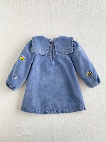 SHEIN 女嬰幼兒春秋時尚大翻領水洗刺繡長袖牛仔洋裝 - 中等水洗藍 - 查看 2