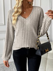 Weeklong Plus Size Women Heather Grey Ribbed Knit V-Neck Long Sleeve Top, Back Cutout With Black Satin Bow Decor,Relaxed Drop Shoulder Casual Daily Sweater Tee - Light Grey - View 2