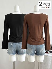 Tween Girls 2pcs Autumn Tops Black + Grey, Solid Color Bell Sleeve V-Neck Pleated Doll Blouse, Casual Versatile - Brown - View 2
