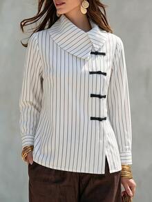 EMERY ROSE Plus Size New High Neck Long Sleeve Frog Button Decor Asymmetrical Hem Casual Daily Commute Striped Women's Blouse - Black and White - View 1