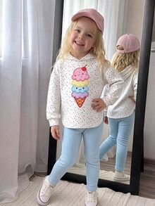 SHEIN Playful Pals 女童 2 件組可愛冰淇淋刺繡羅紋連帽上衣與淺藍色純色內搭褲套裝，甜美風 - 藍色 - 查看 3