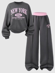 SHEIN Casuvi Kids 青少年女孩字母抓絨內裡 2 件式運動衫與寬腿褲套裝，對比腰帶 2 件式運動服，休閒街頭風穿搭，適合女孩秋冬日常穿著 - 彩色 - 查看 4