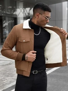 Manfinity CasualCool Jaket Pria Bahan Suede Imitasi, Kerah Bulu Domba Imitasi, Ujung dan Manset Bergaris, Kancing Depan, Kasual, untuk Perjalanan, Kantor, Pakaian Luar Musim Gugur/Dingin - Coklat - View 10
