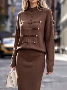 Cévolie Women's Solid Color Long Sleeve Top And Skirt Knit Set - Coffee Brown - View 7