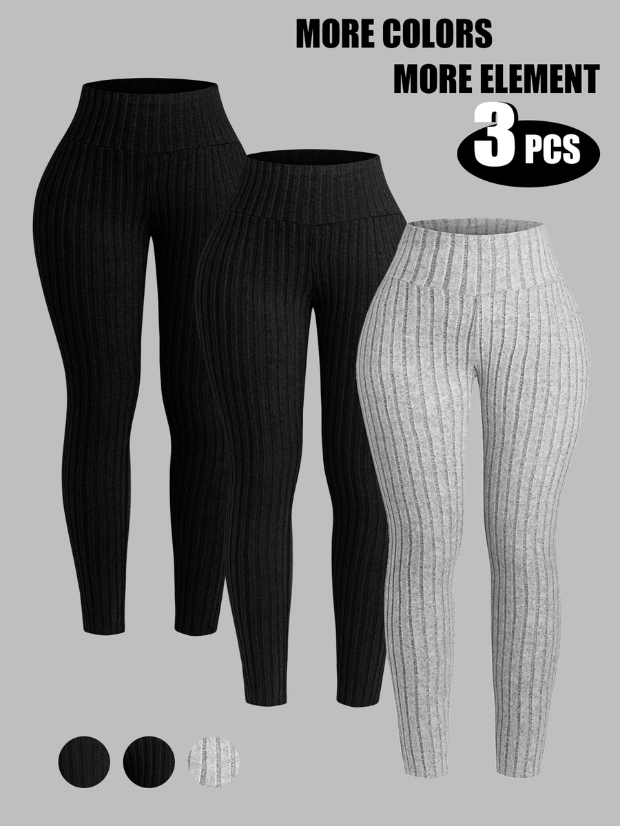 INAWLY 3件組大尺碼純色羅紋抓絨內搭褲 秋冬款 - 彩色 - 查看 1