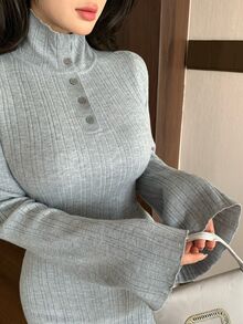 Modelyn فستان صوفي نسائي بياقة عالية ضيق الجسم بأكمام طويلة، خريف/شتاء - رمادي - مشاهدة 7