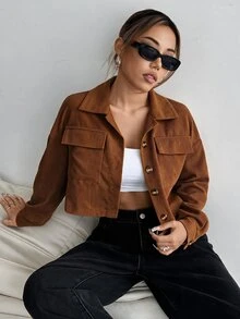 SHEIN PETITE 女款純色長袖單排扣休閒夾克 - 棕色 - 查看 5